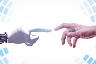 Robot hand reaching towards a human hand