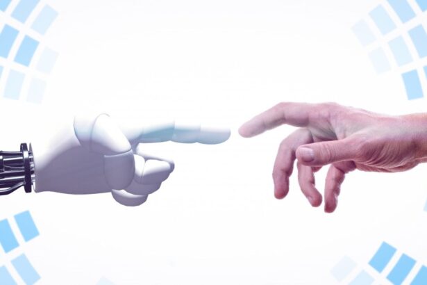 Robot hand reaching towards a human hand