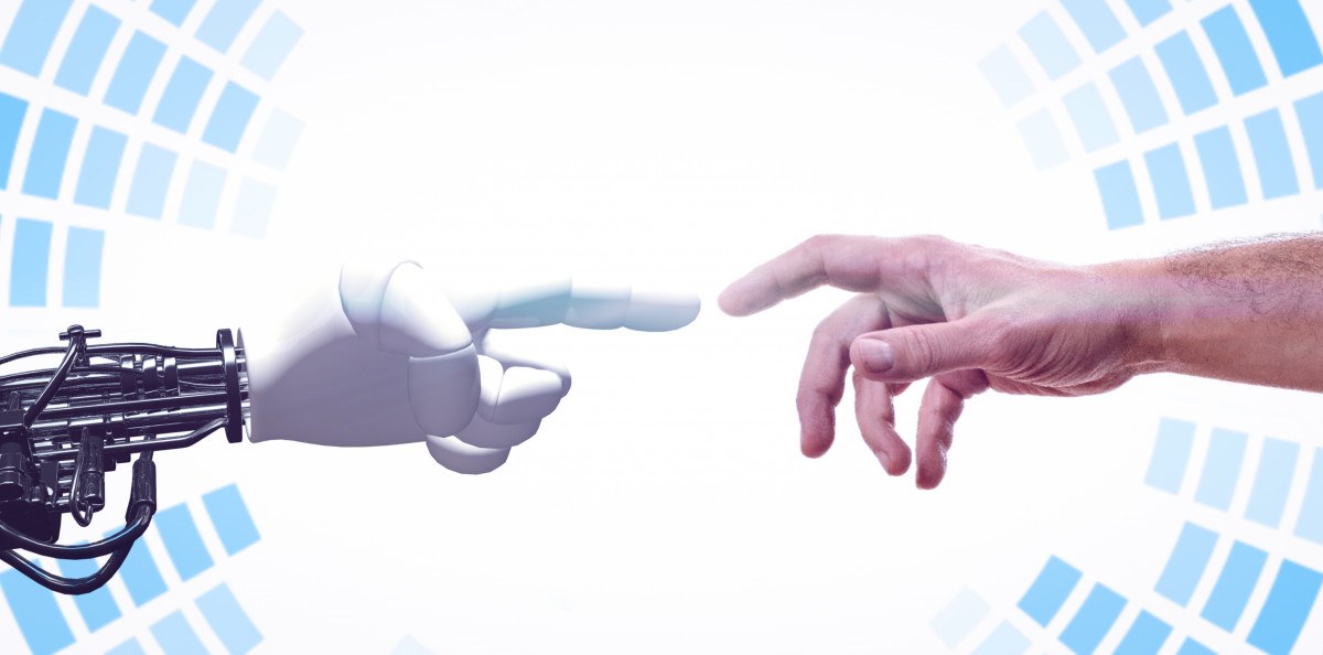 Robot hand reaching towards a human hand