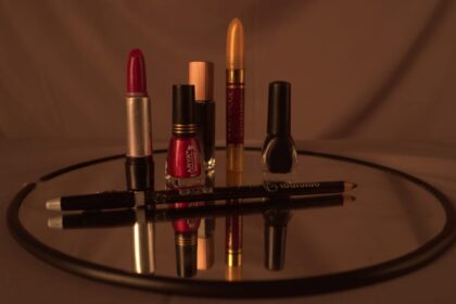 An arrangement of premium makeup and cosmetic products