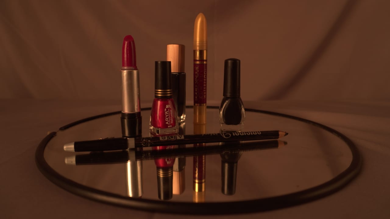 An arrangement of premium makeup and cosmetic products