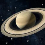 Saturn surrounded by its rings and newly counted moons in deep space