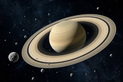 Saturn surrounded by its rings and newly counted moons in deep space