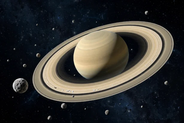 Saturn surrounded by its rings and newly counted moons in deep space