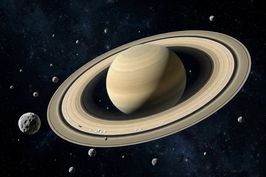 Saturn surrounded by its rings and newly counted moons in deep space