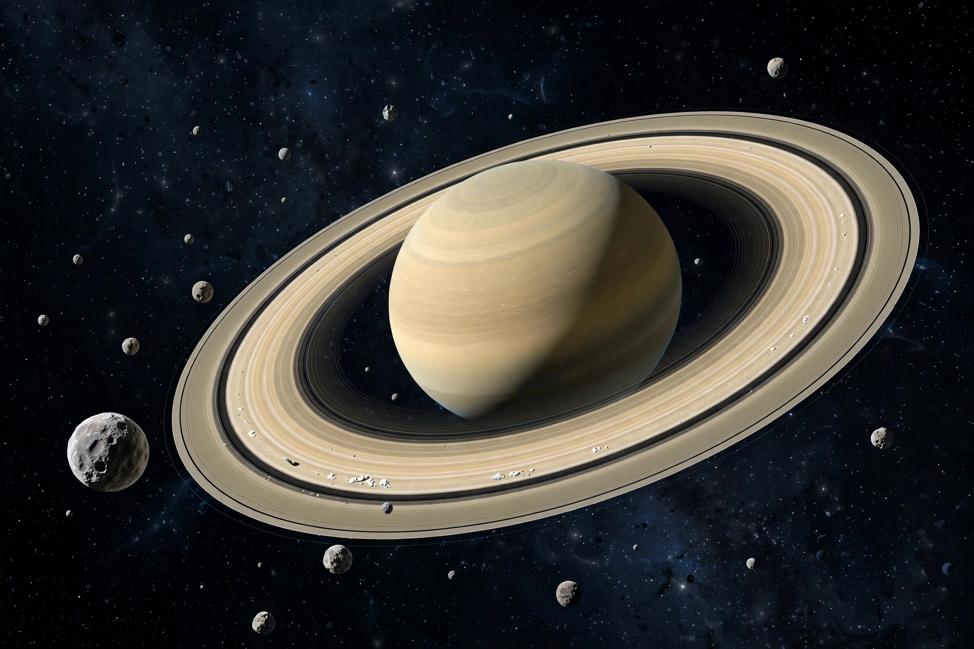 Saturn surrounded by its rings and newly counted moons in deep space