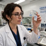 Researcher holding a vaccine vial in a cancer research laboratory