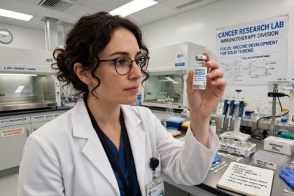 Researcher holding a vaccine vial in a cancer research laboratory