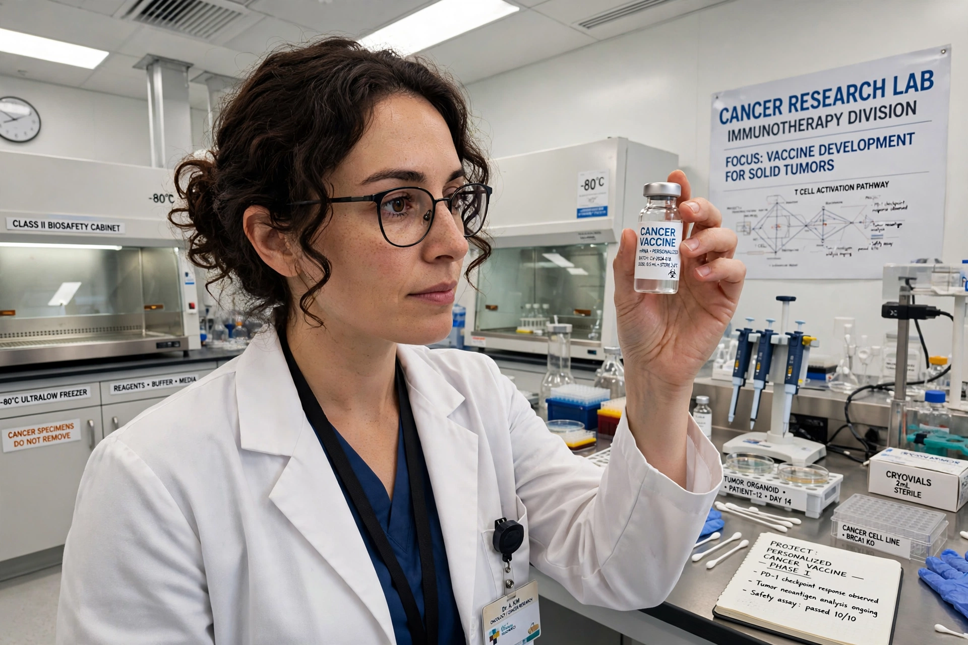 Researcher holding a vaccine vial in a cancer research laboratory
