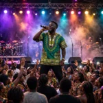Afrobeats concert with Nigerian performer and colourful stage lights