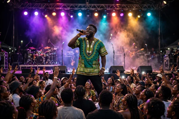 Afrobeats concert with Nigerian performer and colourful stage lights