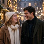 Couple in a snowy festive street in a holiday romance film scene