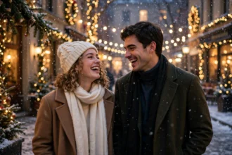 Couple in a snowy festive street in a holiday romance film scene