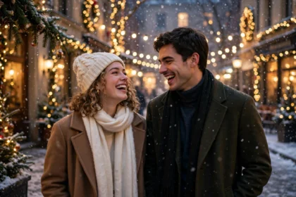Couple in a snowy festive street in a holiday romance film scene