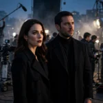 Film set at dusk with lead actors in a moody thriller scene