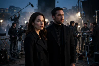 Film set at dusk with lead actors in a moody thriller scene