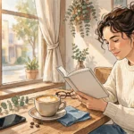 Illustration of a phone face-down on a cafe table while a person relaxes with a book, representing a social media break