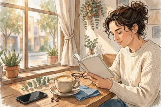 Illustration of a phone face-down on a cafe table while a person relaxes with a book, representing a social media break