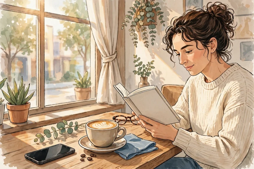 Illustration of a phone face-down on a cafe table while a person relaxes with a book, representing a social media break